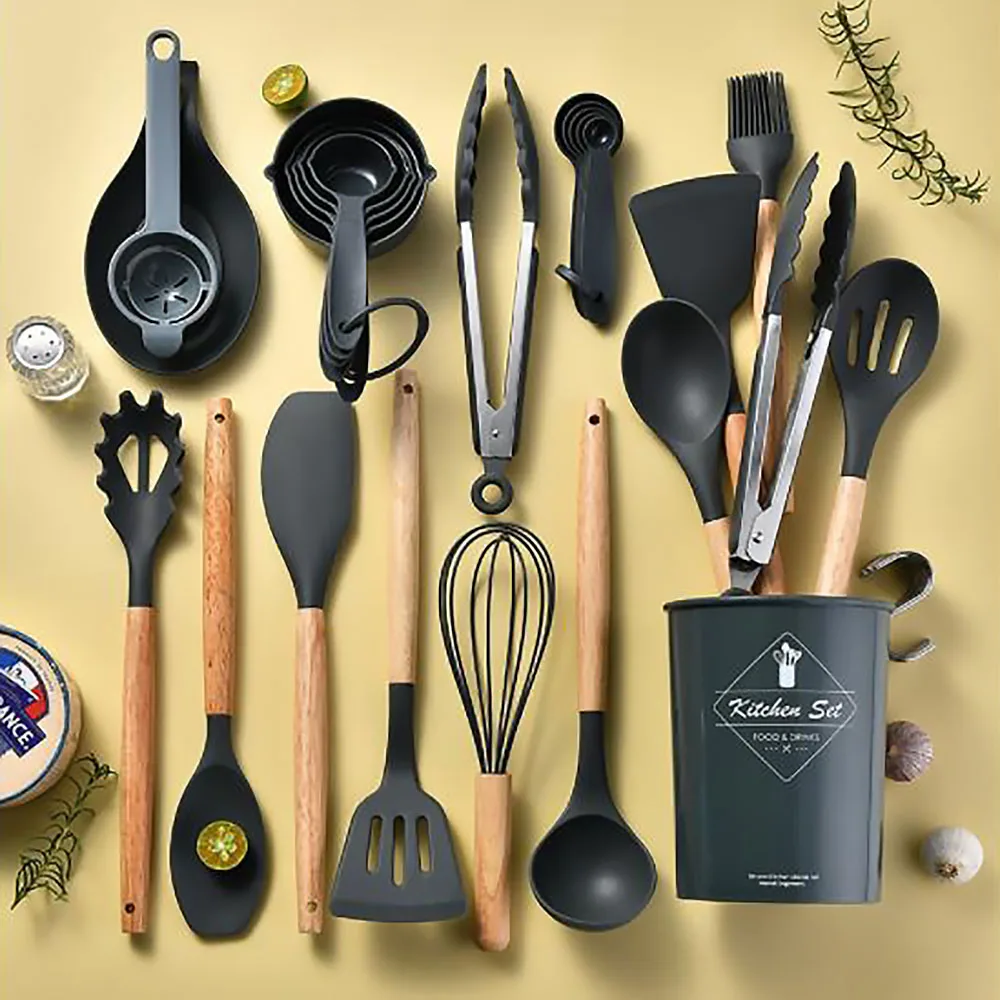Home Cooking Utensil Set - 34Pcs Silicone Utensils Set Black Non-Stick